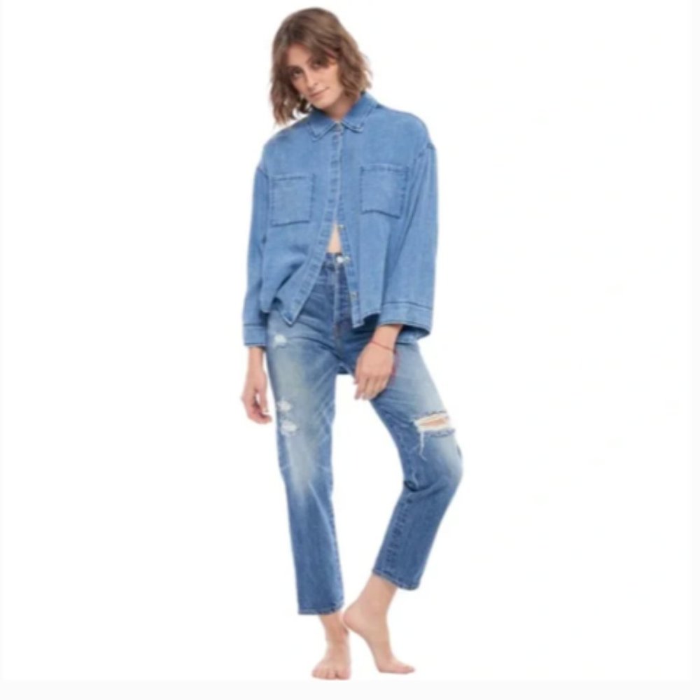 Free People + Sandrine Rose Double Pocket Denim Shirt, medium, 100%‎ Cotton